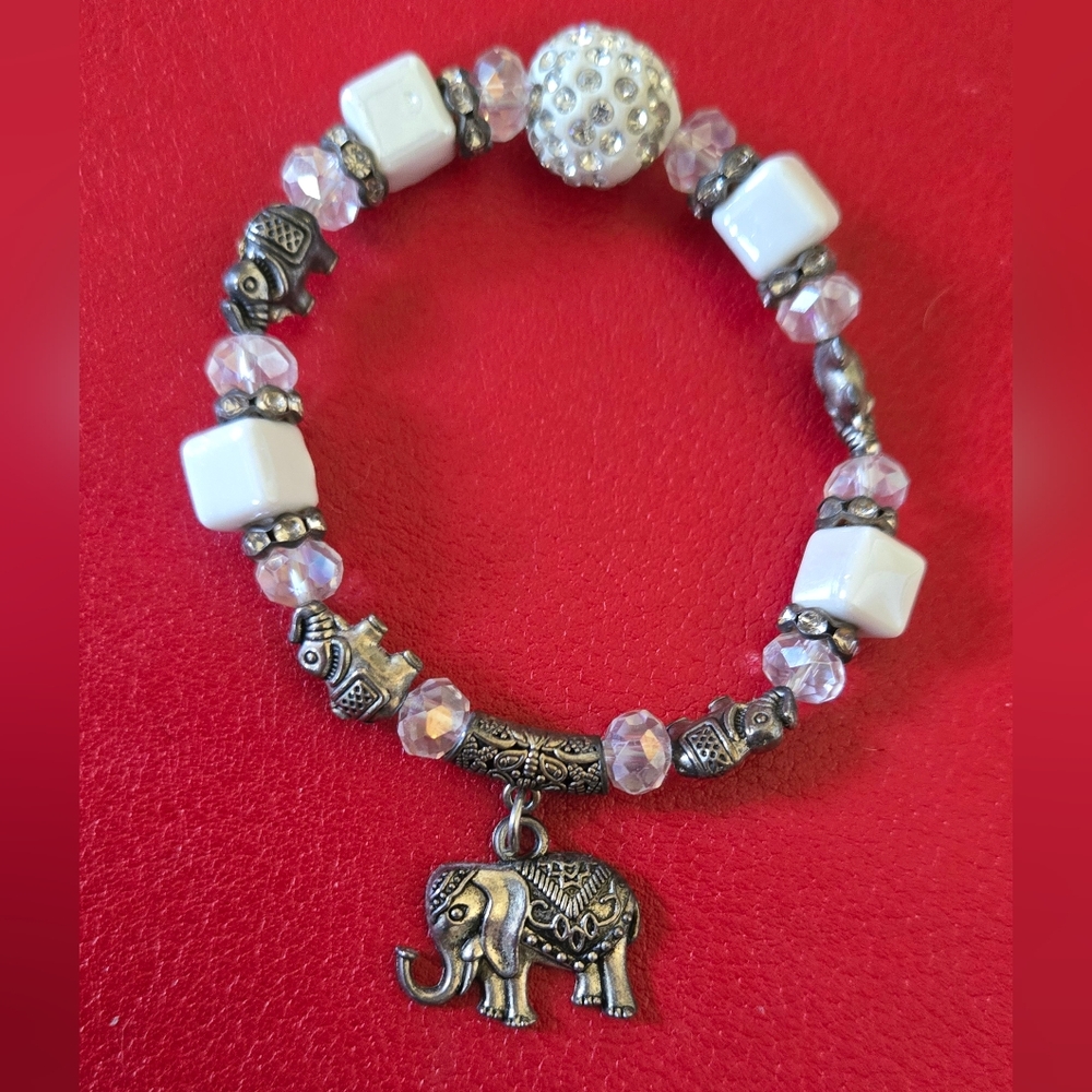 Elephant Charm Bracelet with White and Silver Accents